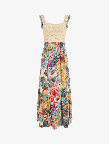 Robe longue imprimé foulard et broderie fluide - Kaki - 5