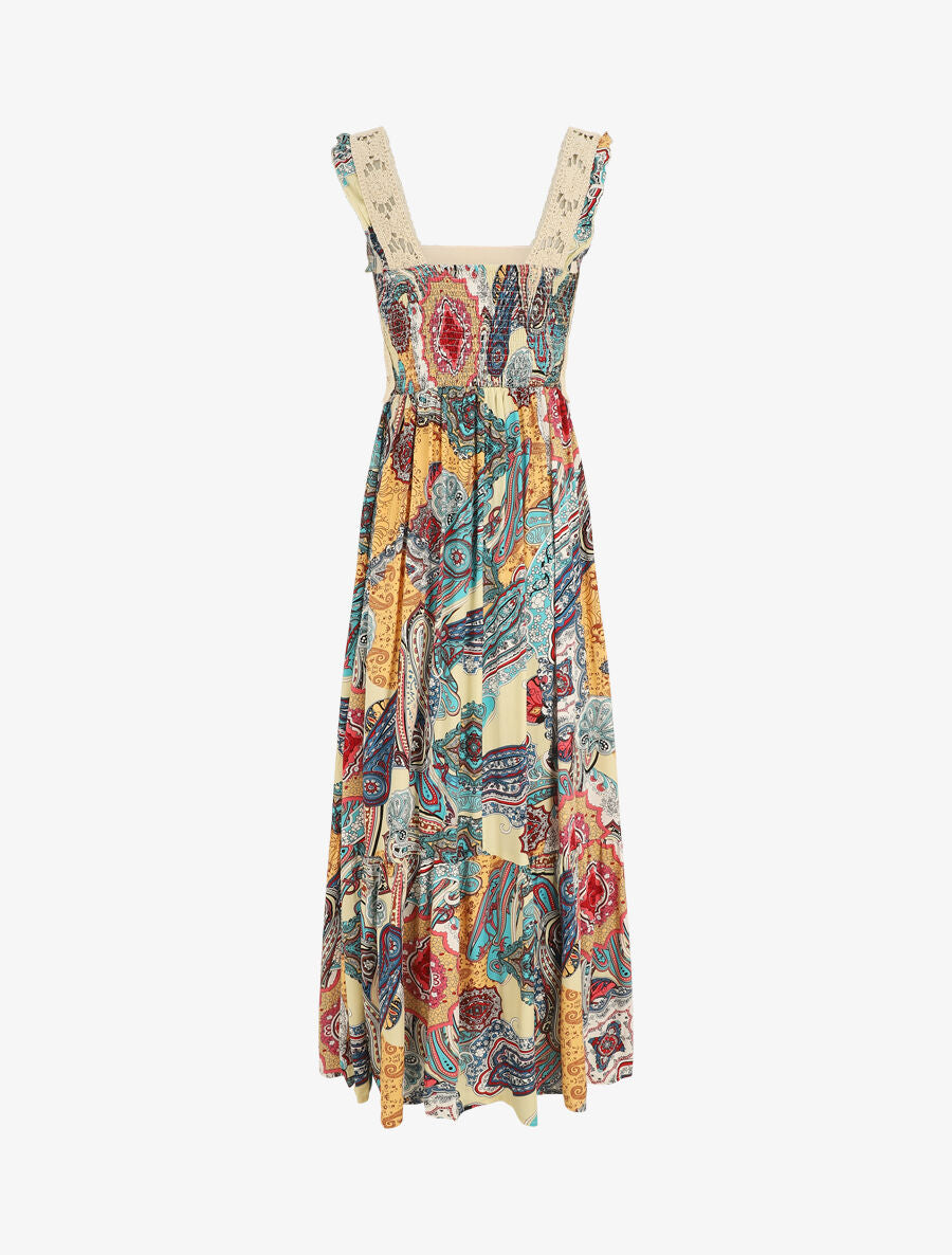 Robe longue imprimé foulard et broderie fluide - Kaki - 2