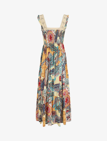 Robe longue imprimé foulard et broderie fluide - Kaki - 2