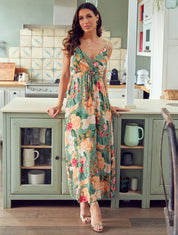 Robe longue élastiquée à imprimé fleurs - Vert - 1