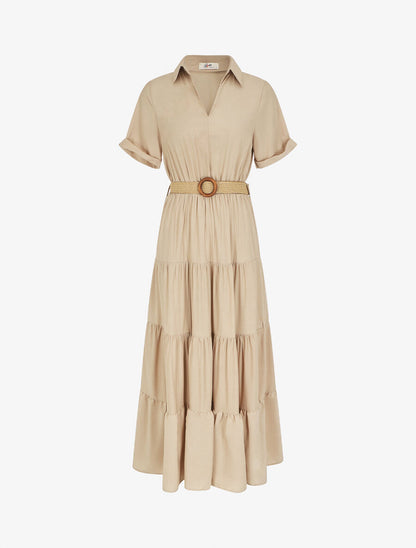 Robe longue unie à col tunisien - Beige - 1