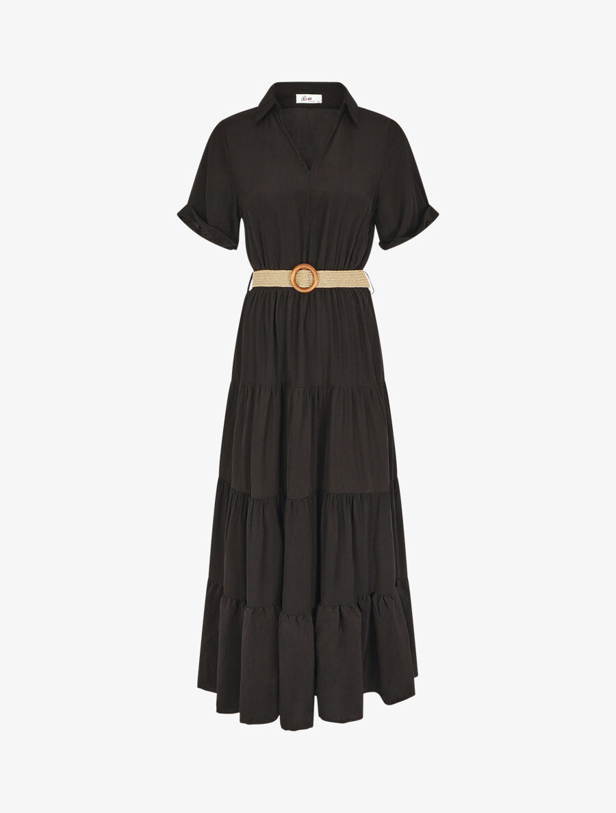 Robe longue unie à col tunisien - Noir - 1