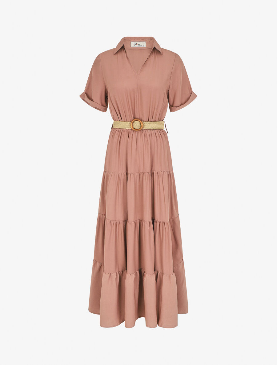 Robe longue unie à col tunisien - Vieux rose - 1