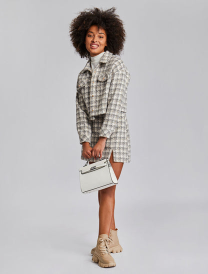 Veste courte à imprimé pied de poule - Gris clair - 7