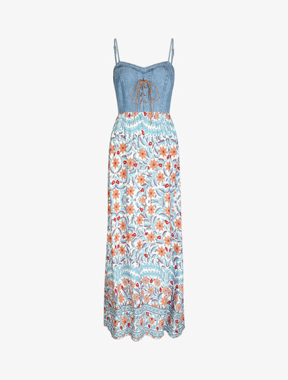 Robe longue bi-matière imprimé fleuri - Blanc - 1