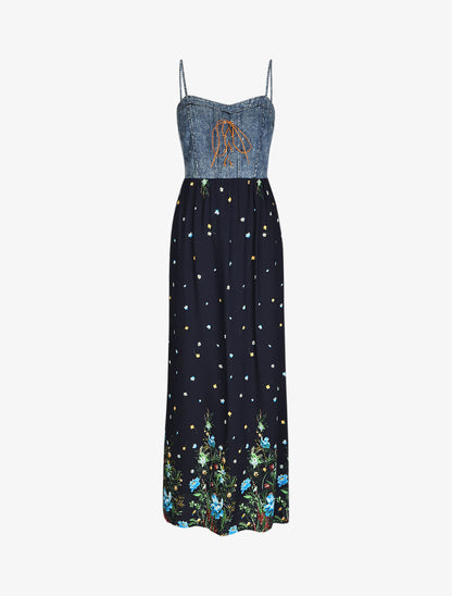 Robe longue bi-matière imprimé floral - Marine - 2