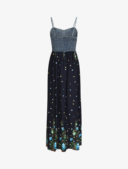 Robe longue bi-matière imprimé floral - Marine - 3