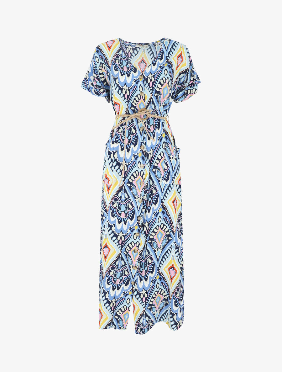 Robe longue droite manches courtes imprimé aztèque - Bleu - 5