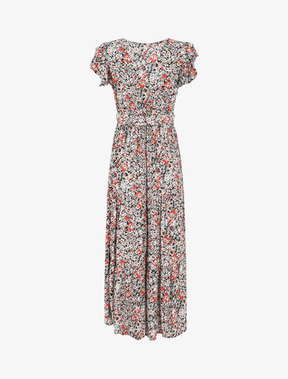 Robe longue à fleurs et fente - Noir - 2