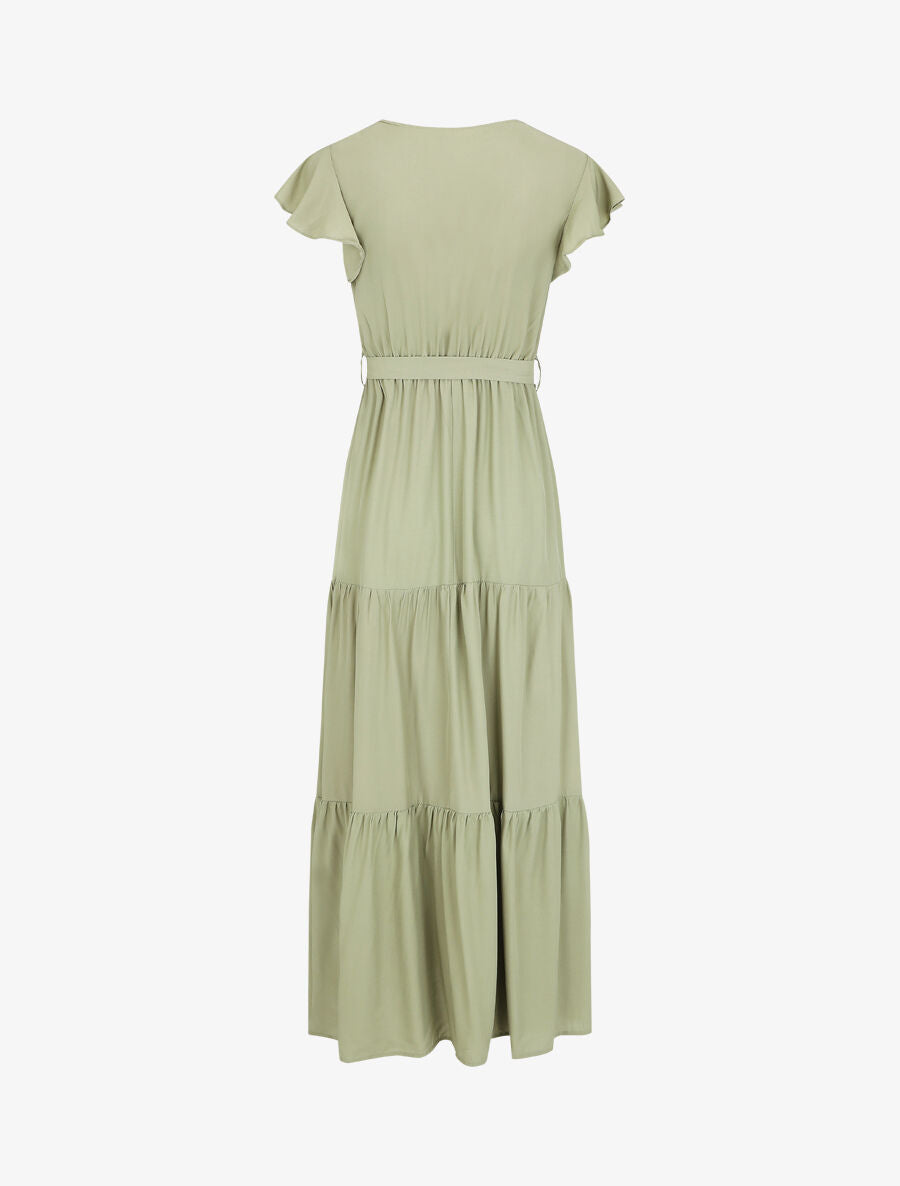 Robe longue unie manches courtes - Vert olive - 3