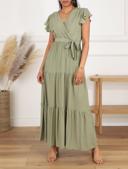 Robe longue unie manches courtes - Vert olive - 1