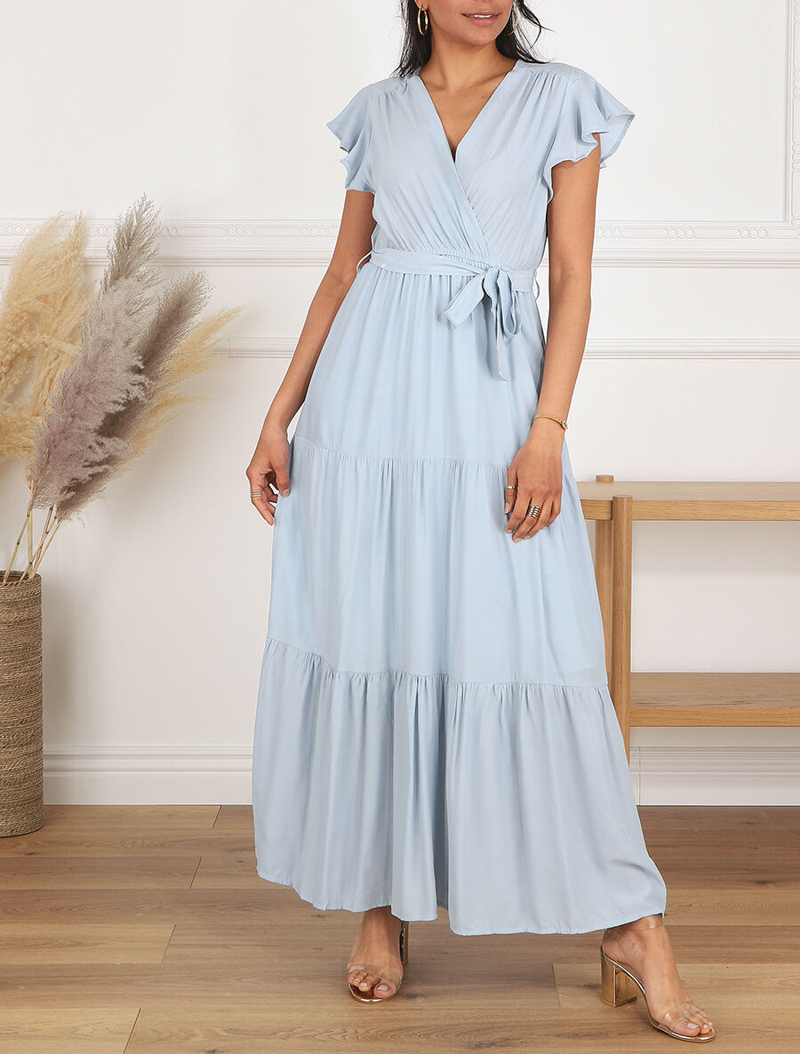 Robe longue unie manches courtes - Bleu clair - 1