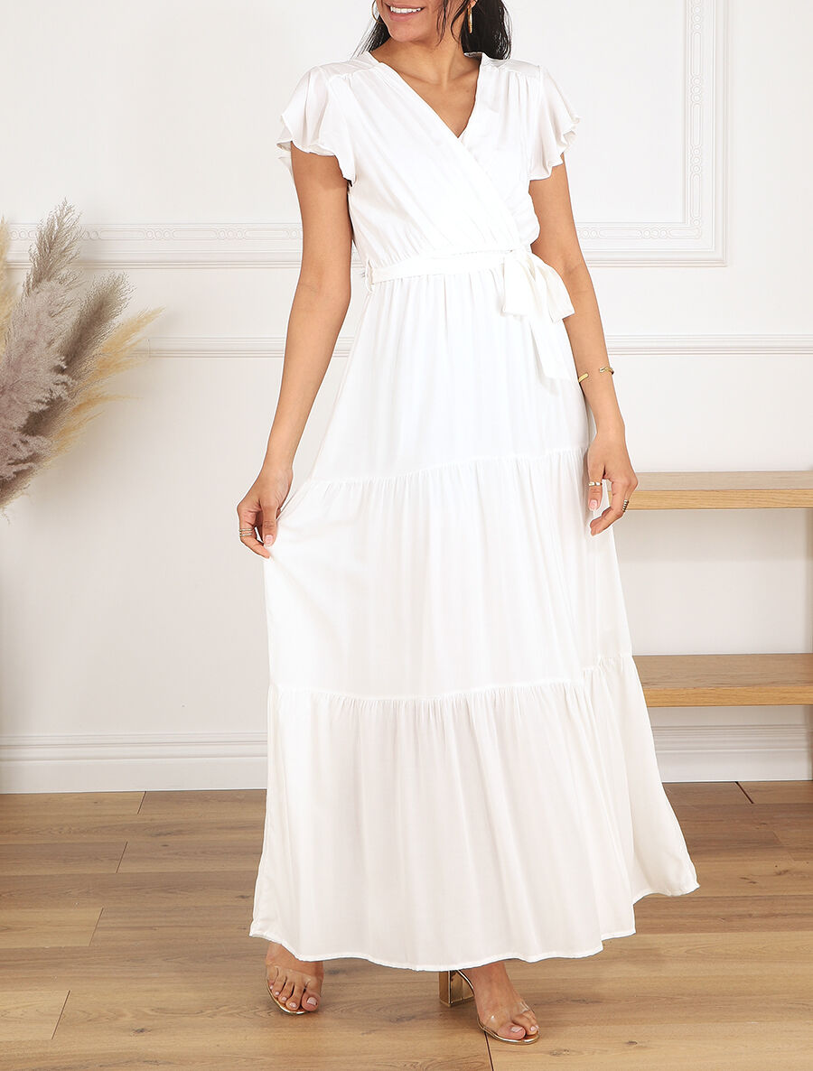 Robe longue unie manches courtes - Blanc - 1