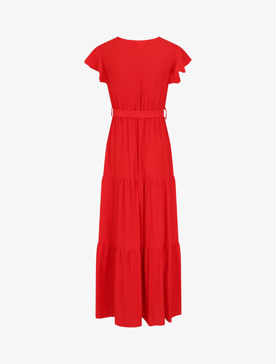 Robe longue unie manches courtes - Rouge - 2