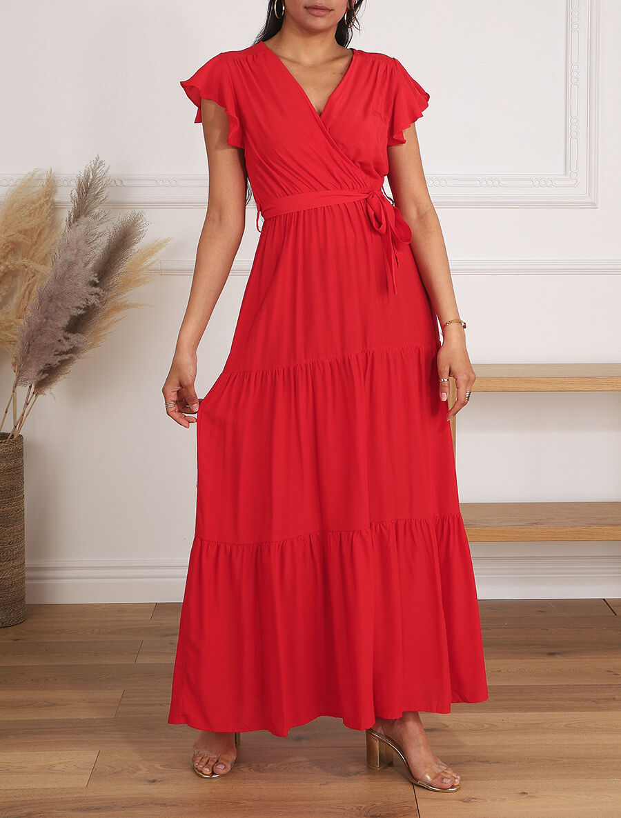 Robe longue unie manches courtes - Rouge - 4