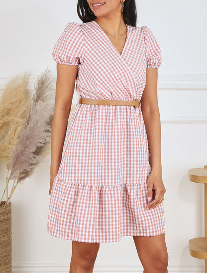 Robe mi-longue à carreaux - Rose - 4