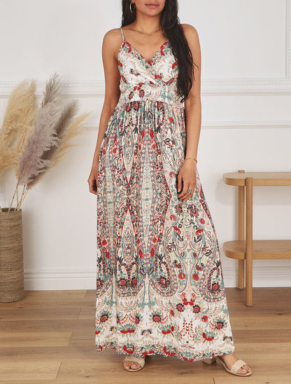Robe longue fleurie et irisée - Beige - 4
