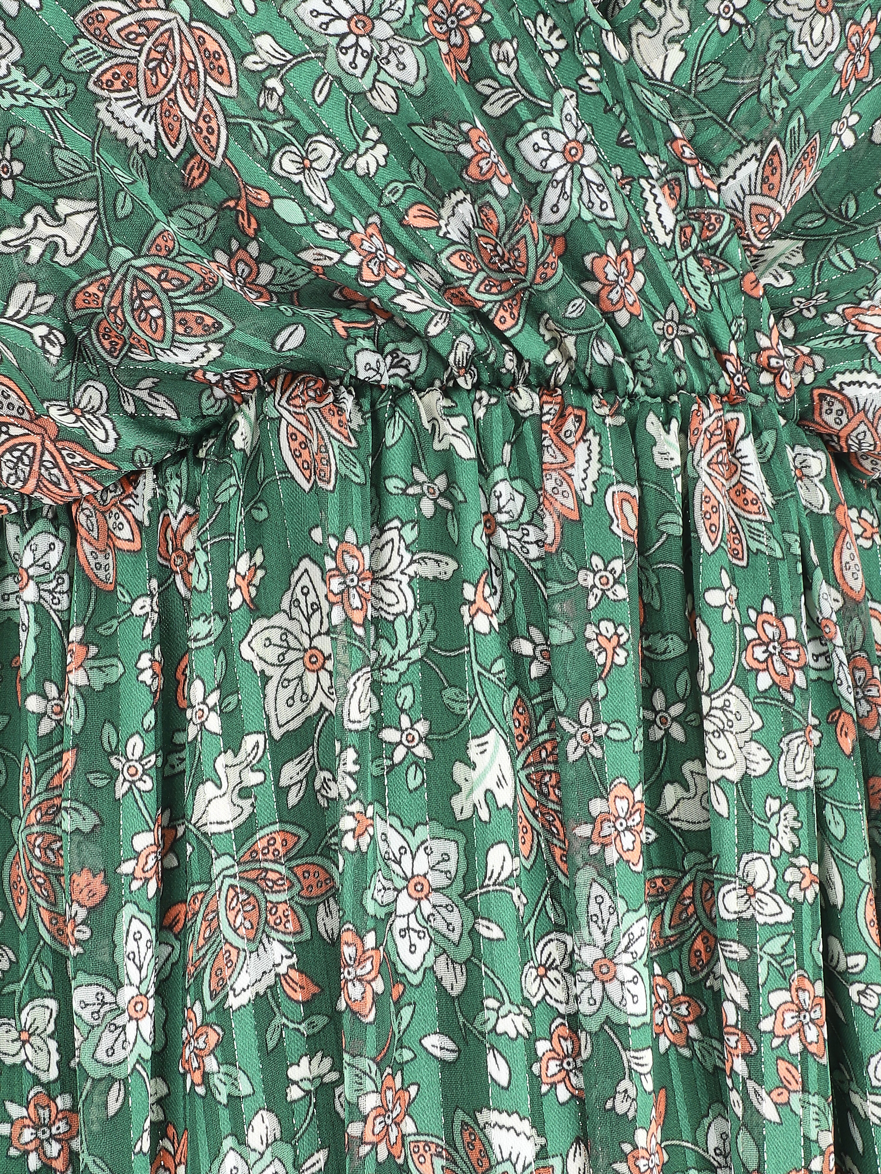 Robe longue fleurie et satinée à bretelles - Vert - 4