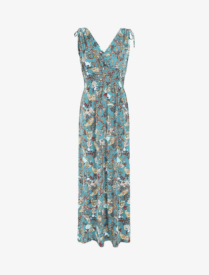 Robe longue élastiquée imprimé foulard - Bleu canard - 4