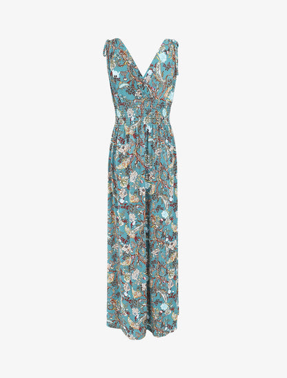 Robe longue élastiquée imprimé foulard - Bleu canard - 2