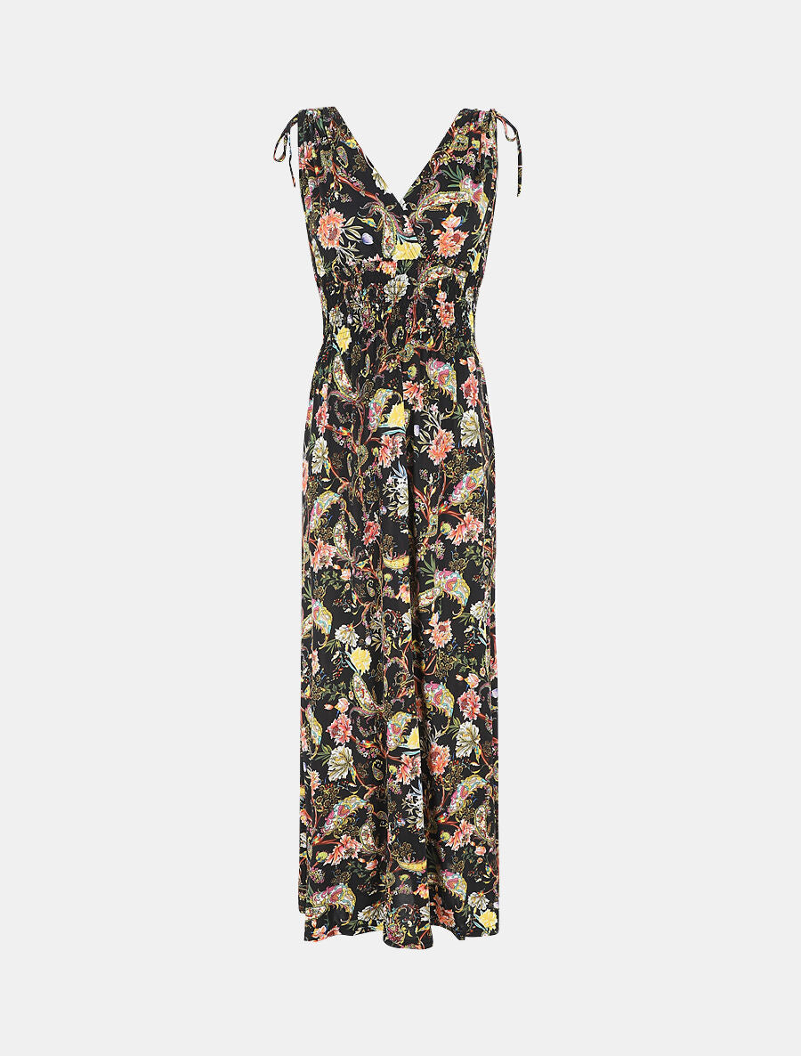 Robe longue élastiquée imprimé foulard - Noir - 5