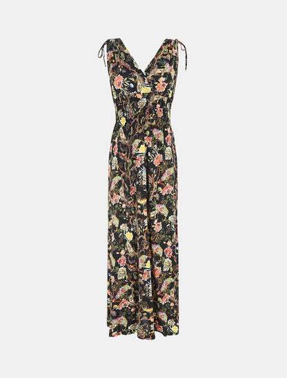 Robe longue élastiquée imprimé foulard - Noir - 5