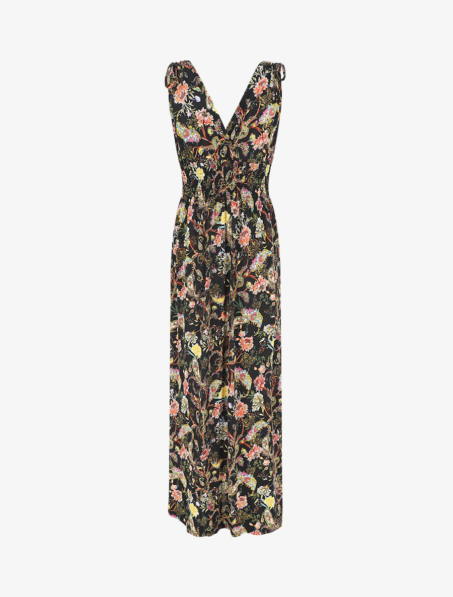 Robe longue élastiquée imprimé foulard - Noir - 3