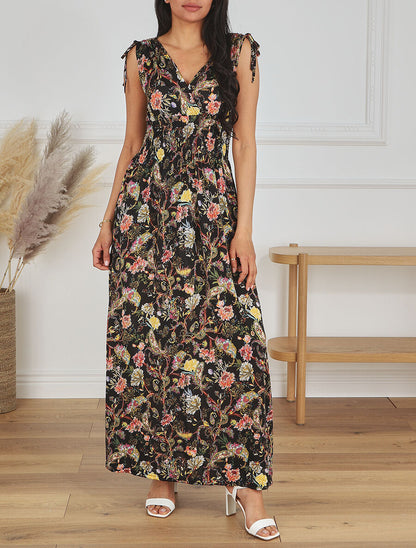 Robe longue élastiquée imprimé foulard - Noir - 1