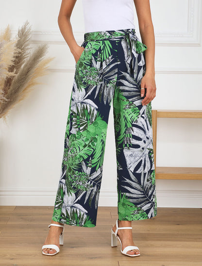 Pantalon ample imprimé feuilles - Marine - 4