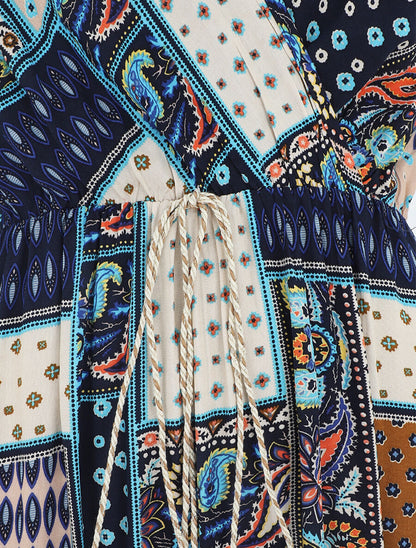 Robe longue style patchwork à bretelles - Marine - 3