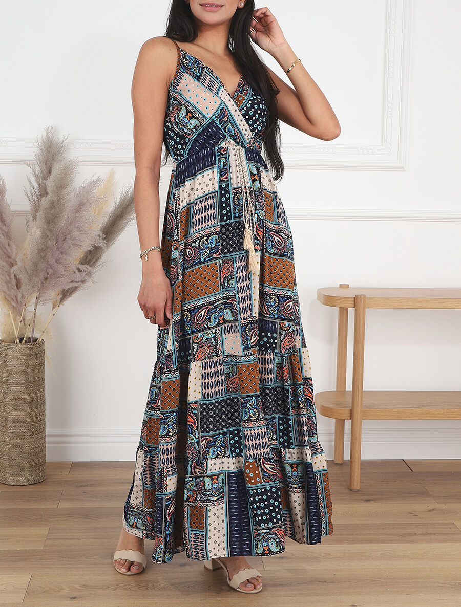 Robe longue style patchwork à bretelles - Marine - 4