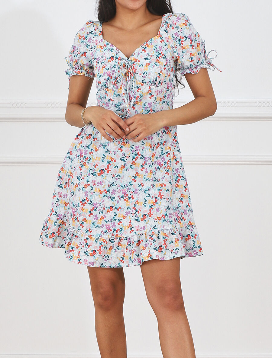 Robe courte imprimé fleuri - Bleu ciel - 4