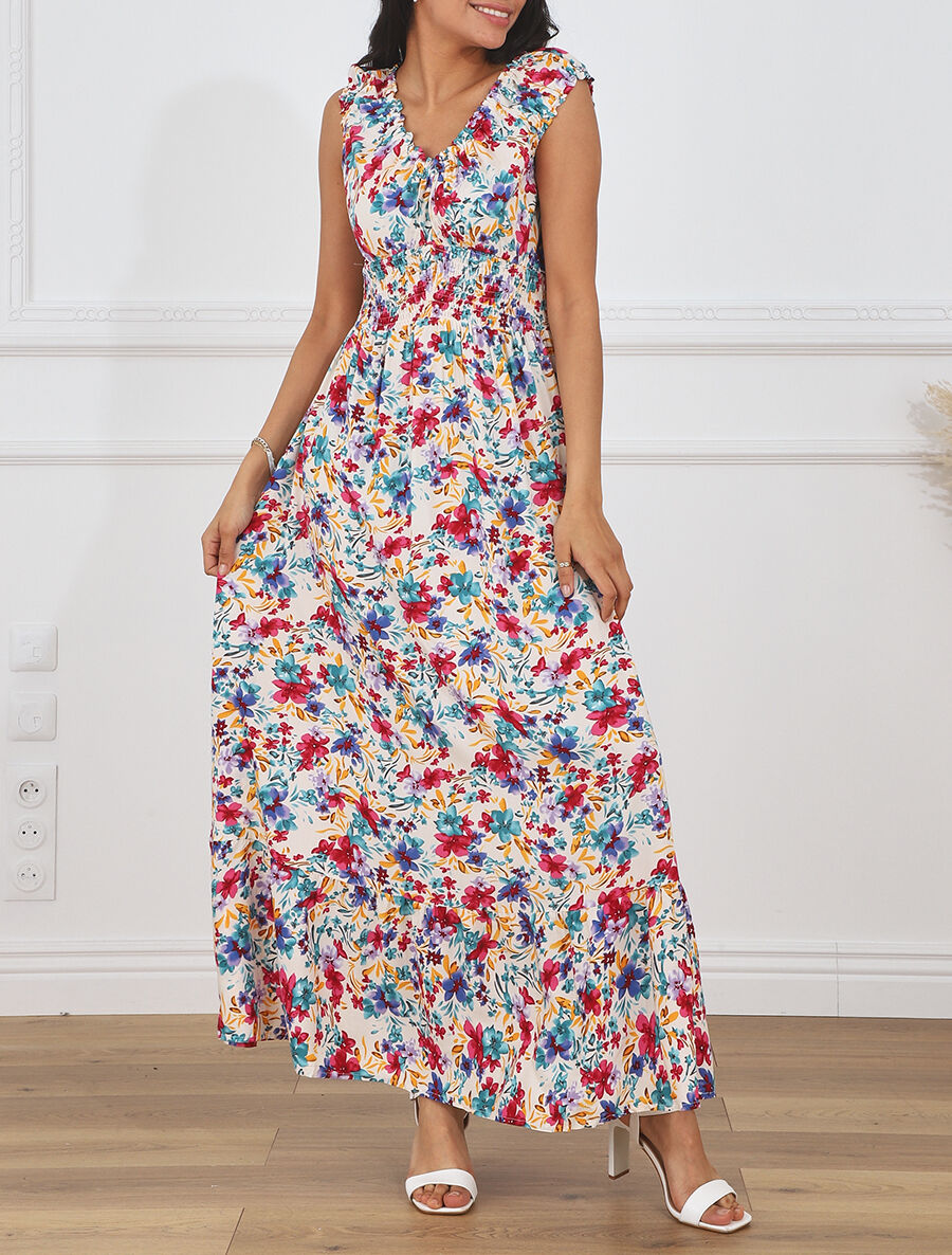 Robe longue évasée imprimé floral - Blanc - 4