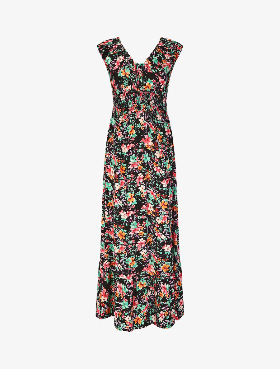 Robe longue évasée imprimé floral - Noir - 1