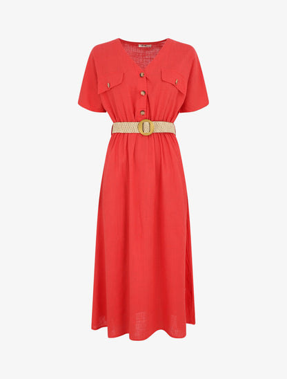 Robe longue uni manches courtes - Rouge - 5