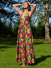 Robe longue fleurie dos nu - Jaune/fuchsia - 1