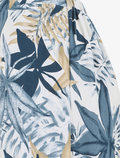 Pantalon à taille élastiquée imprimé feuilles - Bleu - 3