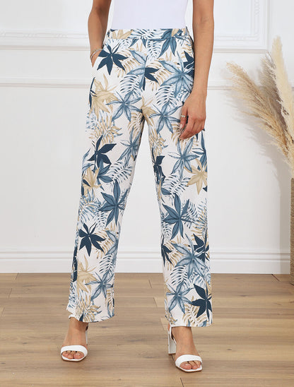 Pantalon à taille élastiquée imprimé feuilles - Bleu - 4
