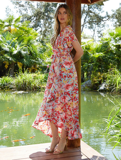 Robe longue fleurie manches courtes - Bleu ciel - 1