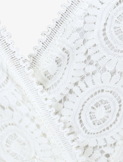 Robe longue à dentelle et volants - Blanc - 3