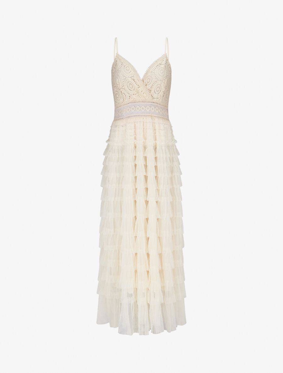 Robe longue à dentelle et volants - Beige - 1