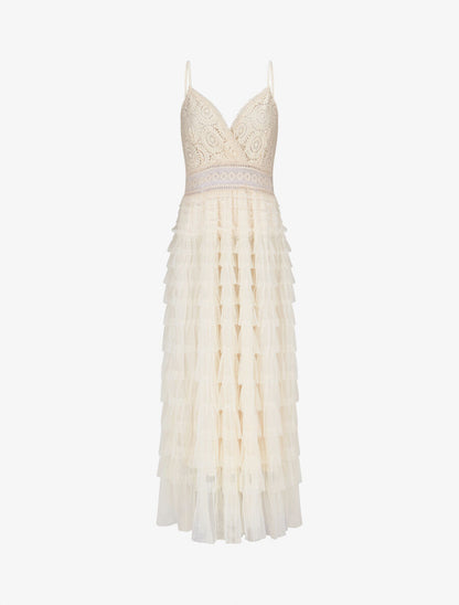 Robe longue à dentelle et volants - Beige - 1
