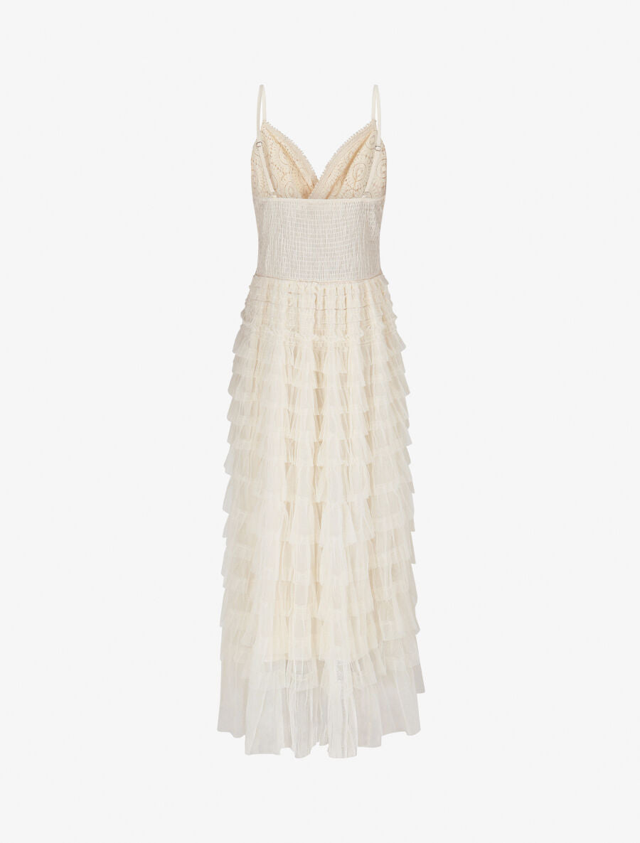 Robe longue à dentelle et volants - Beige - 2