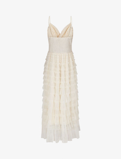 Robe longue à dentelle et volants - Beige - 2