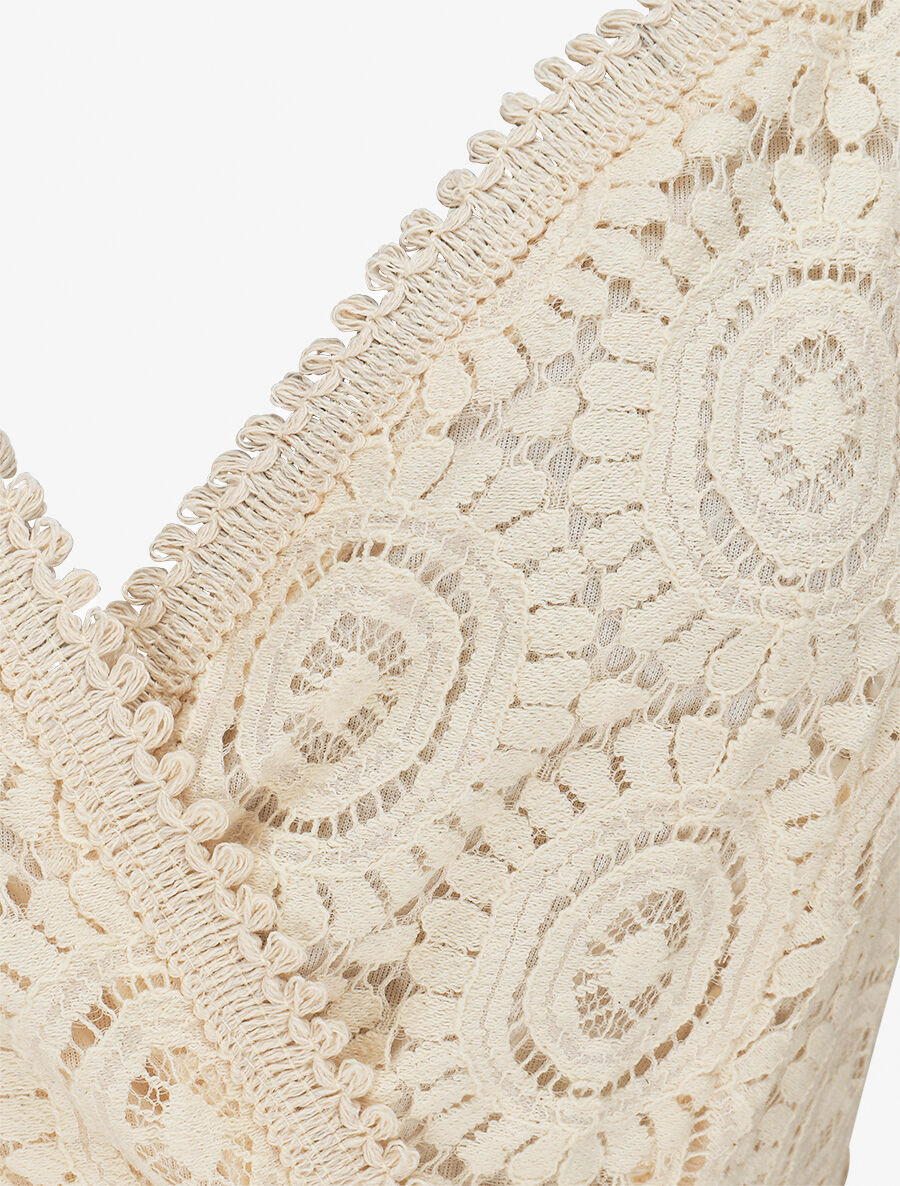 Robe longue à dentelle et volants - Beige - 3