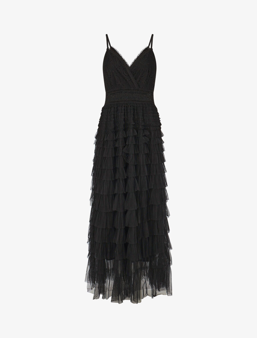 Robe longue à dentelle et volants - Noir - 4