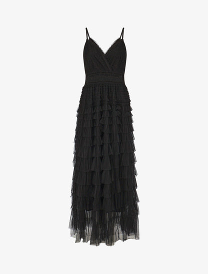 Robe longue à dentelle et volants - Noir - 4