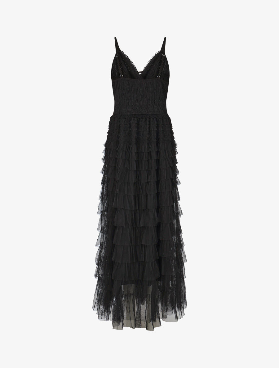 Robe longue à dentelle et volants - Noir - 2