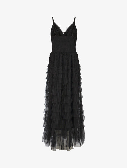 Robe longue à dentelle et volants - Noir - 2
