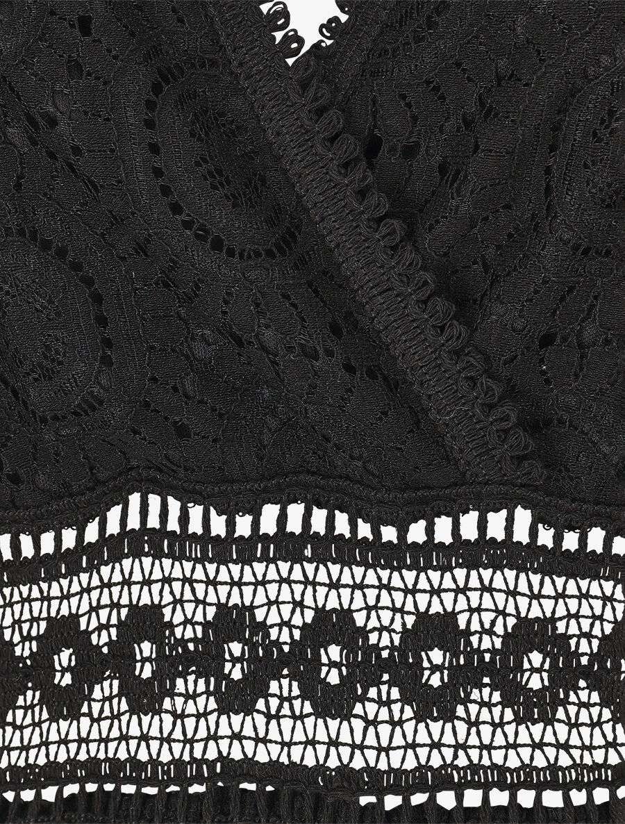 Robe longue à dentelle et volants - Noir - 3